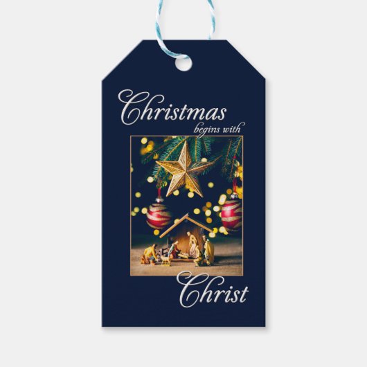 Kerstmis begint met de geboorte van Christus Cadeaulabel (Voorkant)
