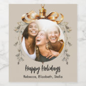 Kerstmis beige gouden kerstbal vrienden foto feest wijn etiket (Enkel label)