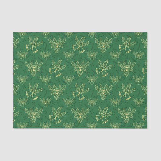 Kerstmis Bells Holly Berries Green Pattern Tissuepapier (Voorkant)
