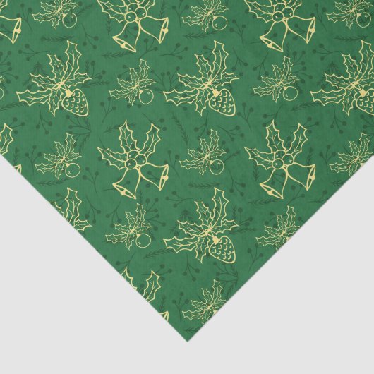 Kerstmis Bells Holly Berries Green Pattern Tissuepapier (Detail)