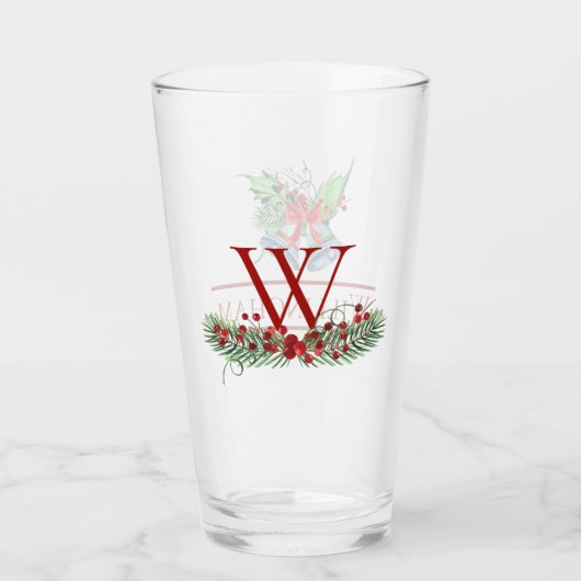 Kerstmis Bells Red Berries Evergreen Name Initiaal Glas (Voorkant)