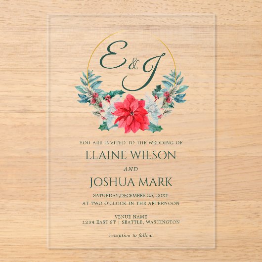 Kerstmis Berry Poinsettia Wreath Monogram Weddensc Acryl Uitnodigingen (Voorkant)