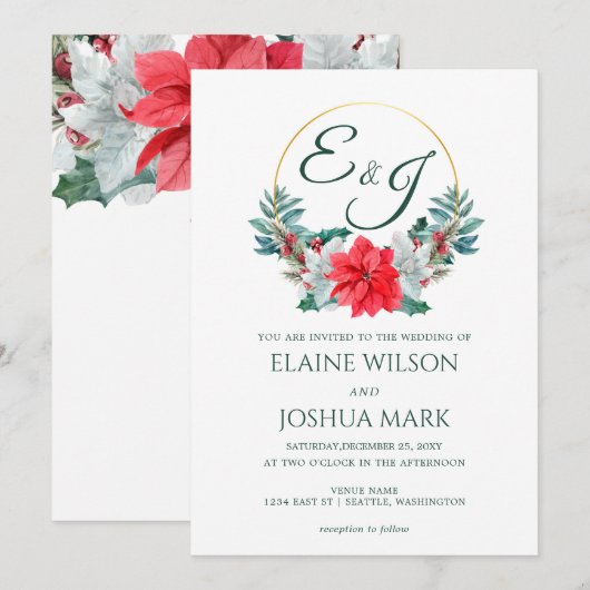 Kerstmis Berry Poinsettia Wreath Monogram Weddensc Kaart (Voorkant / Achterkant)