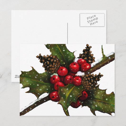 Kerstmis: Bessen, Holly, dennenappels: kunst Feestdagenkaart (Voorkant / Achterkant)