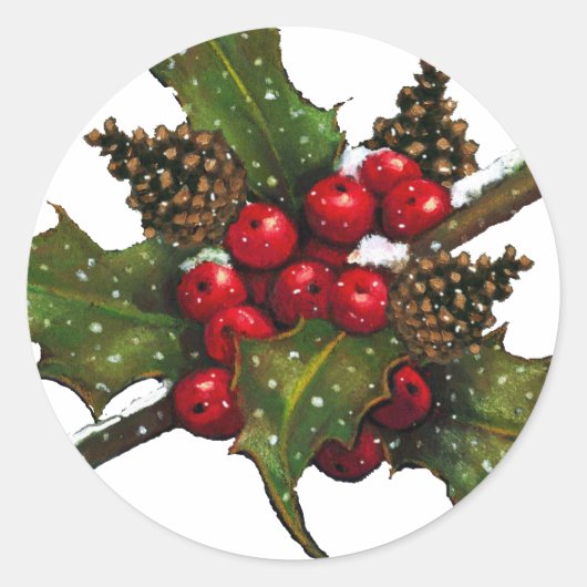 Kerstmis: Bessen, Holly, dennenappels: kunst Ronde Sticker (Voorkant)