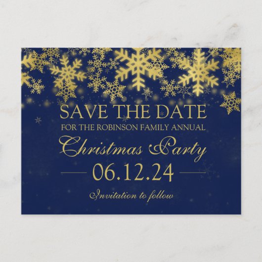 Kerstmis Bewaar de datum Gouden Marine Blauwe Wint Aankondigingskaart (Voorkant)