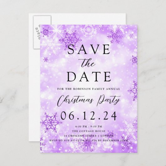 Kerstmis Bewaar de datum Paarse Winter Wonder Aankondigingskaart (Voorkant / Achterkant)