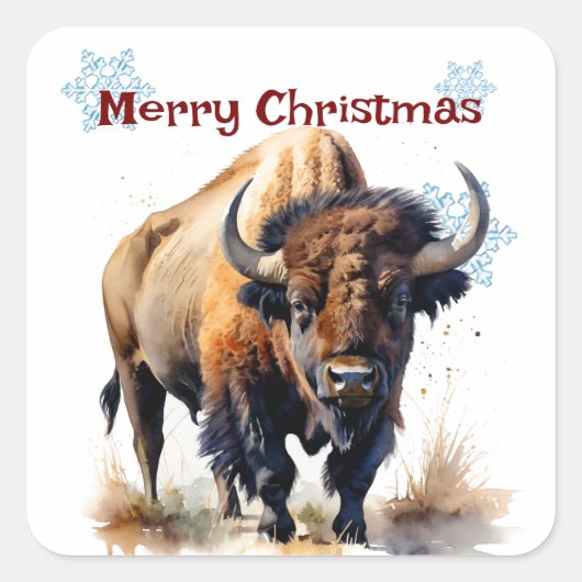 Kerstmis Bison Buffalo Animal Wildlife Aanpassen Vierkante Sticker (Voorkant)