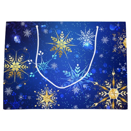 Kerstmis Blau Achtergrond met Gouden Sneeuwvlokken Groot Cadeauzakje (Voorkant)