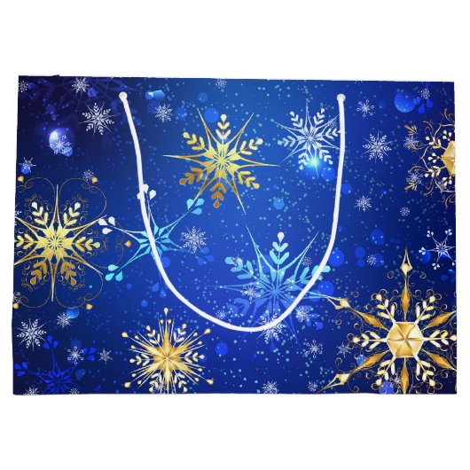 Kerstmis Blau Achtergrond met Gouden Sneeuwvlokken Groot Cadeauzakje (Achterkant)