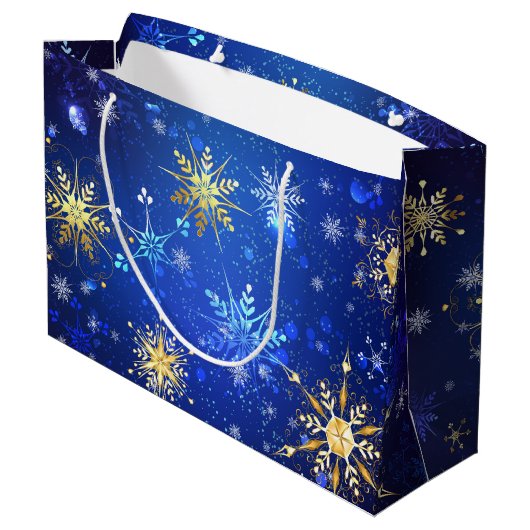 Kerstmis Blau Achtergrond met Gouden Sneeuwvlokken Groot Cadeauzakje (Achterkant Gekanteld)