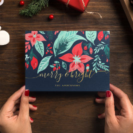 Kerstmis Blauw Botanisch Bloemmotief Goud Folie Feestdagenkaart