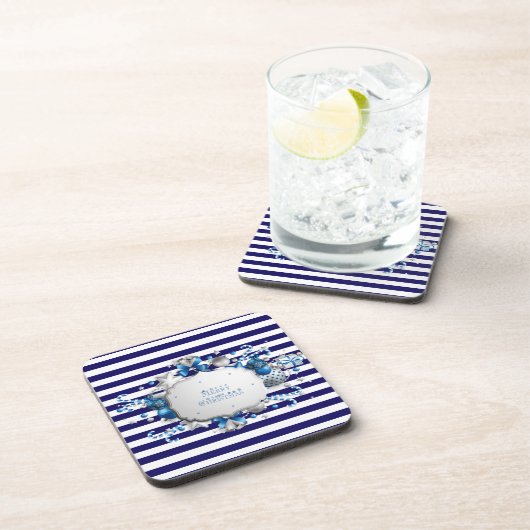 Kerstmis Blauw Gestreepte Drank Onderzetter (Rechterzijde)