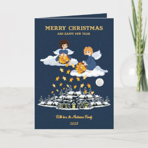 Kerstmis blauw goud cute kleine engel fotokaart feestdagen kaart