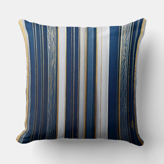 Kerstmis Blauw Strepen Wit Goud Kussen (Voorkant)