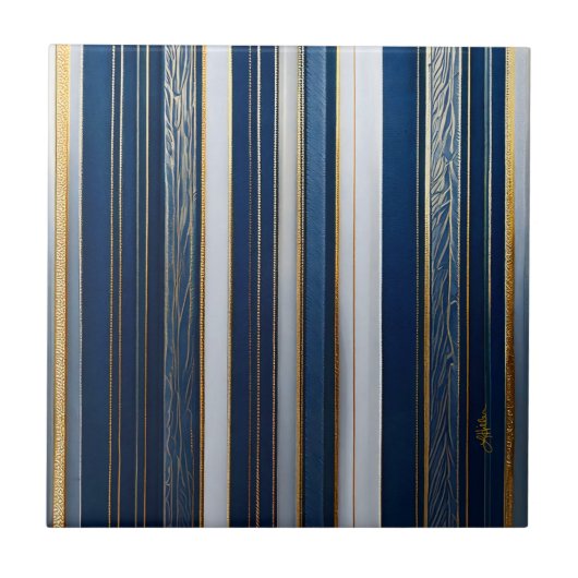 Kerstmis Blauw Strepen Wit Goud Tegeltje (Voorkant)