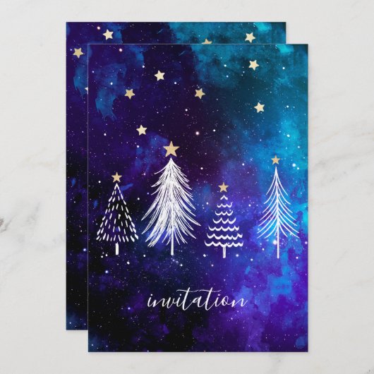 Kerstmis, Blauw, Wit, Sterren, Partij Kaart (Voorkant / Achterkant)