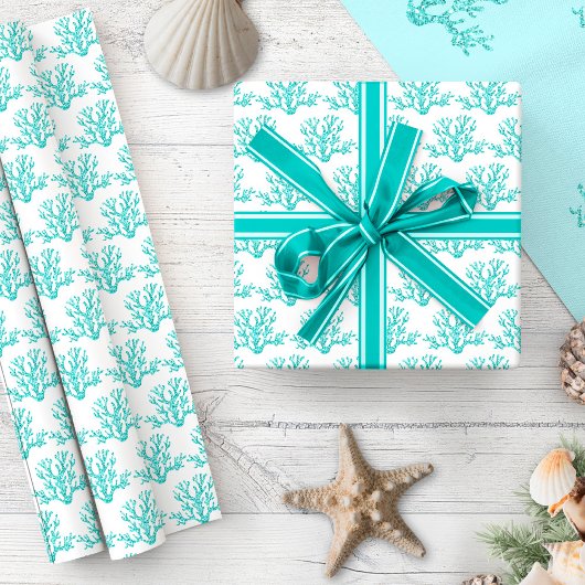 Kerstmis: blauw wit strand koraalpatroon cadeaupapier