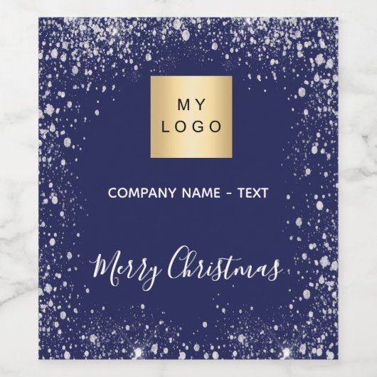 Kerstmis blauw zilver glinsterend bedrijfslogo wijn etiket (Enkel label)
