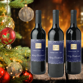 Kerstmis blauw zilver glinsterend bedrijfslogo wijn etiket