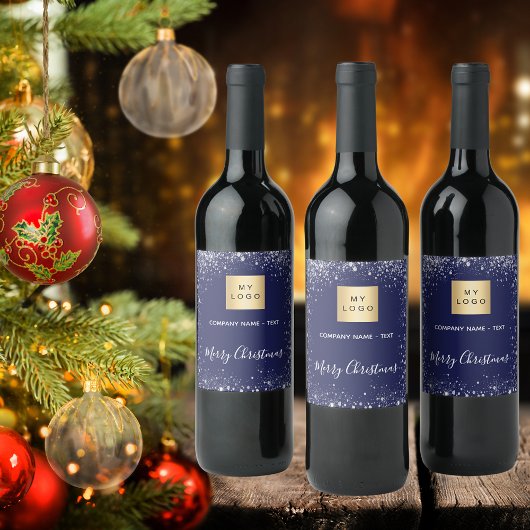 Kerstmis blauw zilver glinsterend bedrijfslogo wijn etiket