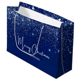 Kerstmis blauw zilver wit glitters familienaam groot cadeauzakje