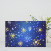 Kerstmis Blauwe Achtergrond met Gouden Sneeuwvlokk Briefpapier (Staand voorkant)