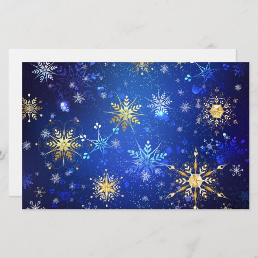 Kerstmis Blauwe Achtergrond met Gouden Sneeuwvlokk Briefpapier (Voorkant / Achterkant)
