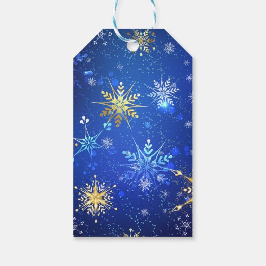 Kerstmis Blauwe Achtergrond met Gouden Sneeuwvlokk Cadeaulabel (Achterkant)