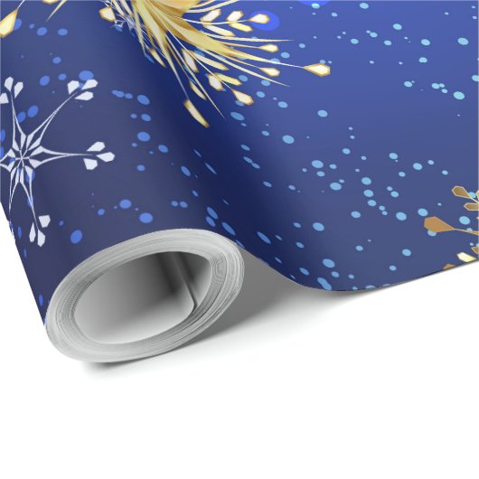 Kerstmis Blauwe Achtergrond met Gouden Sneeuwvlokk Cadeaupapier (Rol Hoek)
