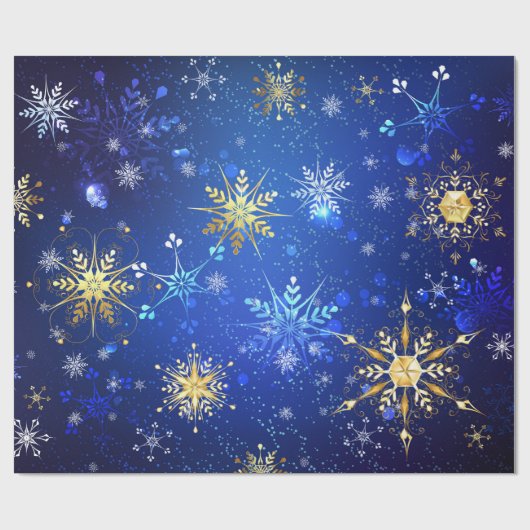 Kerstmis Blauwe Achtergrond met Gouden Sneeuwvlokk Cadeaupapier (Vlak)