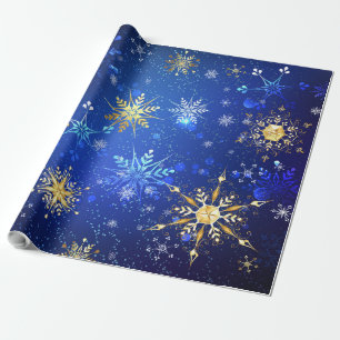 Kerstmis Blauwe Achtergrond met Gouden Sneeuwvlokk Cadeaupapier