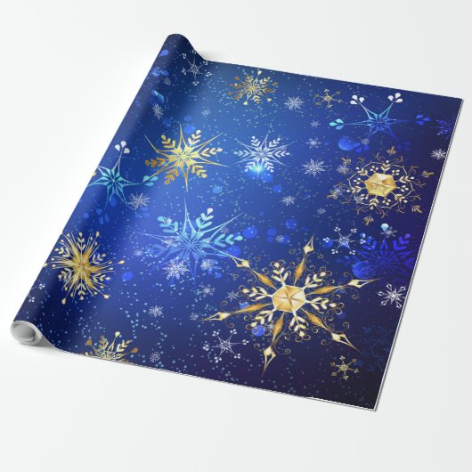 Kerstmis Blauwe Achtergrond met Gouden Sneeuwvlokk Cadeaupapier (Uitgerold)