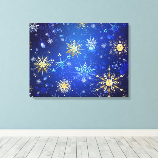Kerstmis Blauwe Achtergrond met Gouden Sneeuwvlokk Canvas Afdruk (Insitu (Houten vloer))