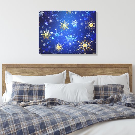 Kerstmis Blauwe Achtergrond met Gouden Sneeuwvlokk Canvas Afdruk (Insitu (Slaapkamer))