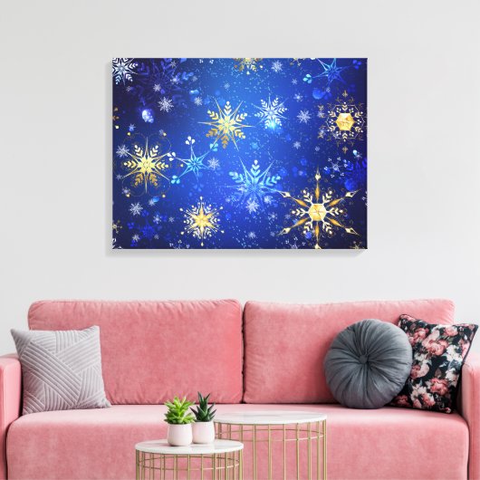 Kerstmis Blauwe Achtergrond met Gouden Sneeuwvlokk Canvas Afdruk (Insitu (Woonkamer))