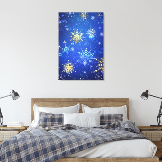 Kerstmis Blauwe Achtergrond met Gouden Sneeuwvlokk Canvas Afdruk (Insitu (Slaapkamer))
