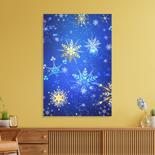 Kerstmis Blauwe Achtergrond met Gouden Sneeuwvlokk Canvas Afdruk (Insitu (Woonkamer))