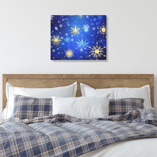 Kerstmis Blauwe Achtergrond met Gouden Sneeuwvlokk Canvas Afdruk (Insitu (Slaapkamer))