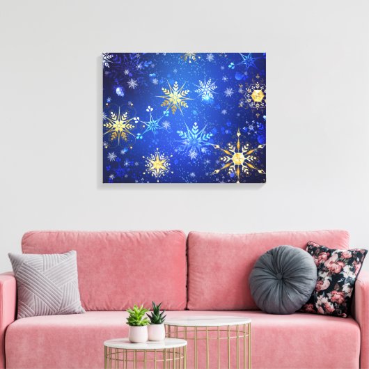 Kerstmis Blauwe Achtergrond met Gouden Sneeuwvlokk Canvas Afdruk (Insitu (Woonkamer))