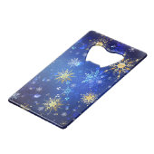 Kerstmis Blauwe Achtergrond met Gouden Sneeuwvlokk Creditkaart Flessenopener (Achterkant Gekanteld)