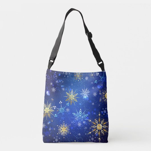 Kerstmis Blauwe Achtergrond met Gouden Sneeuwvlokk Crossbody Tas (Achterkant)