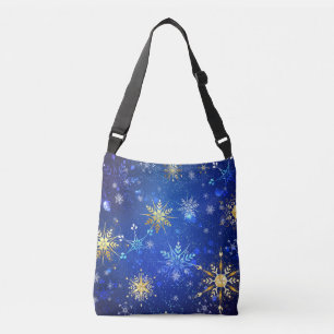 Kerstmis Blauwe Achtergrond met Gouden Sneeuwvlokk Crossbody Tas