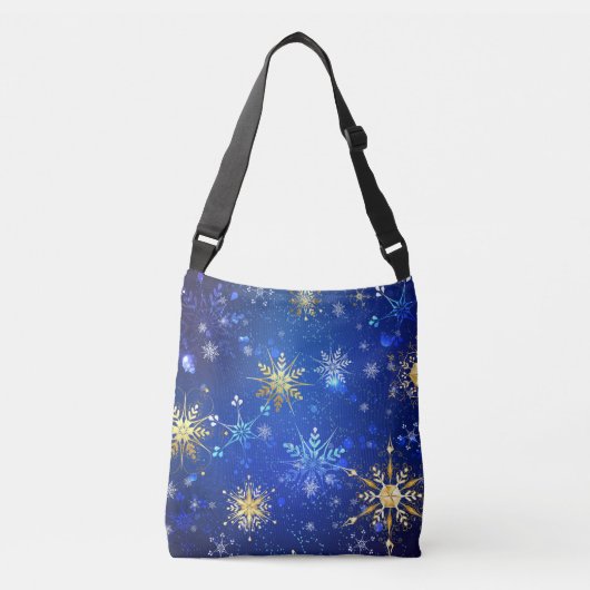Kerstmis Blauwe Achtergrond met Gouden Sneeuwvlokk Crossbody Tas (Voorkant)