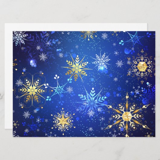 Kerstmis Blauwe Achtergrond met Gouden Sneeuwvlokk Feestdagenkaart (Voorkant / Achterkant)