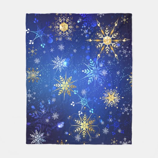 Kerstmis Blauwe Achtergrond met Gouden Sneeuwvlokk Fleece Deken (Voorkant)