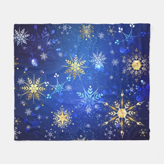 Kerstmis Blauwe Achtergrond met Gouden Sneeuwvlokk Fleece Deken (Voorkant (Horizontaal))