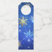 Kerstmis Blauwe Achtergrond met Gouden Sneeuwvlokk Flessenhanger (Voorkant)