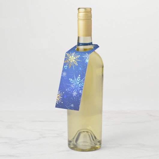 Kerstmis Blauwe Achtergrond met Gouden Sneeuwvlokk Flessenhanger (Schuin)