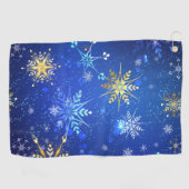 Kerstmis Blauwe Achtergrond met Gouden Sneeuwvlokk Golfhanddoek (Horizontaal)